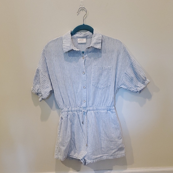 Blue and White Striped Button-Up Romper - Picture 1 of 7
